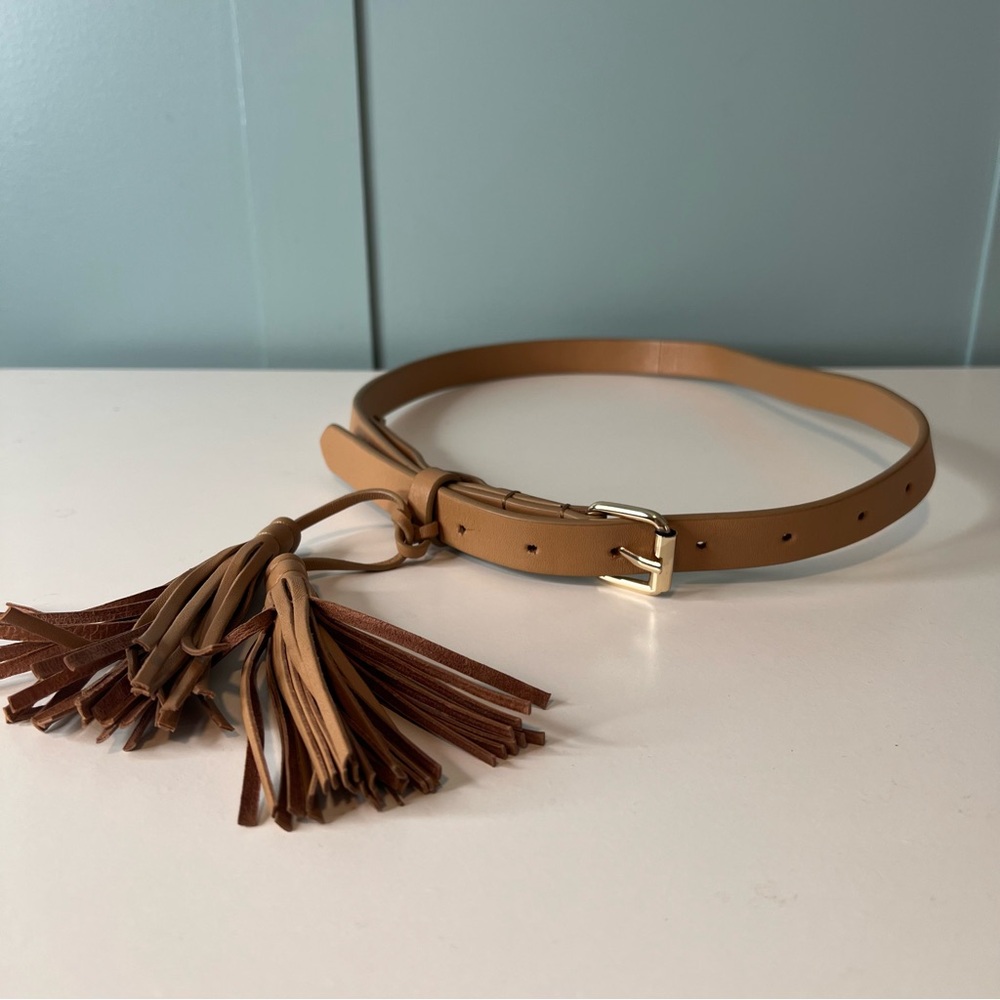 Cleobella Narrow Tan Adjustable Tassel Leather Belt. OS. - Picture 2 of 10